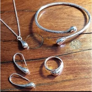 STERLING SILVER Water Drop Bean Jewelry Set Earrings Ring Bracelet Pendant Chain